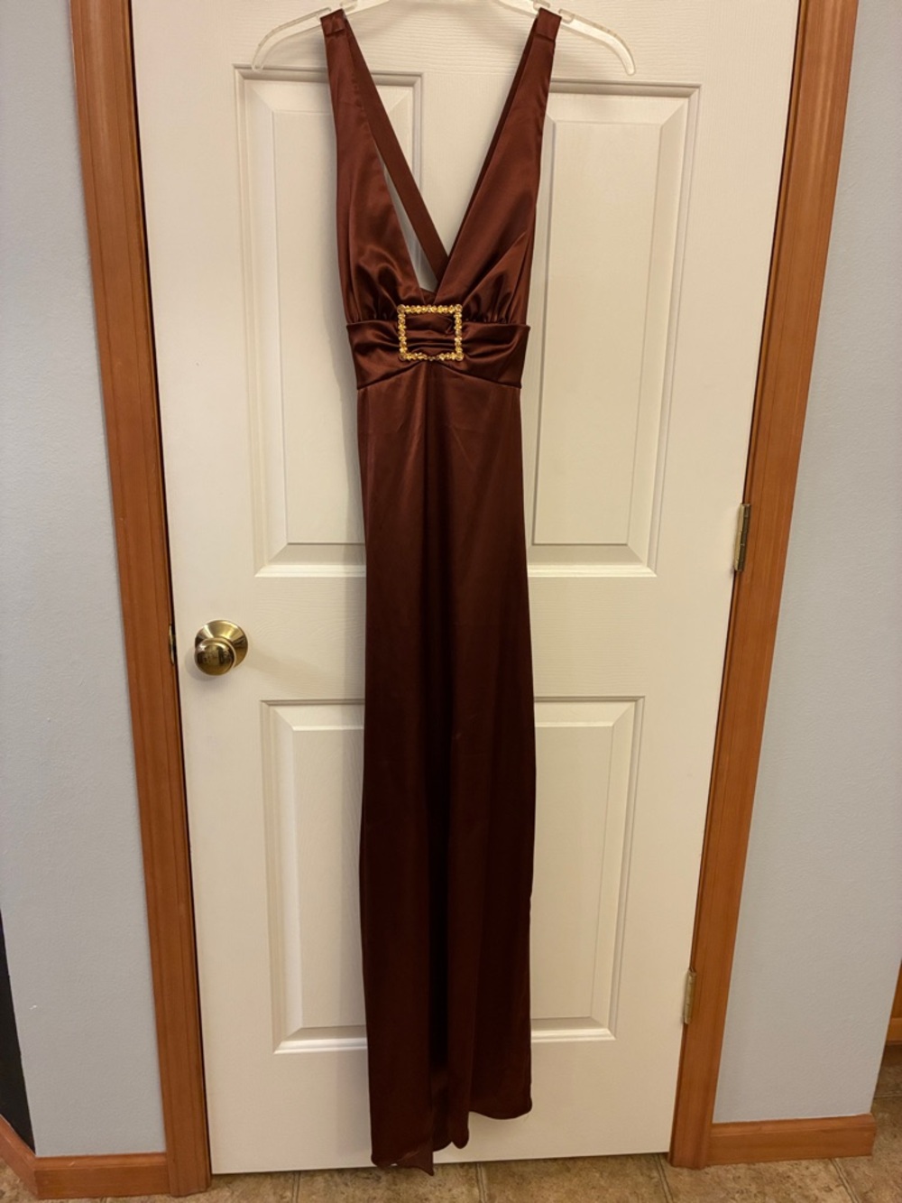 Niki Livas Satin Deep V Maxi Gown in coffee Brown with Gold Buckle